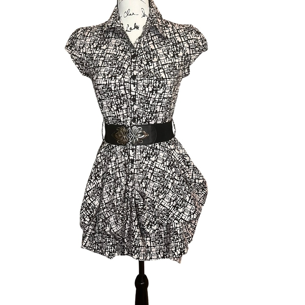 BCX Black White Abstract Print Ruffled Skirt Short Dress Women's Medium